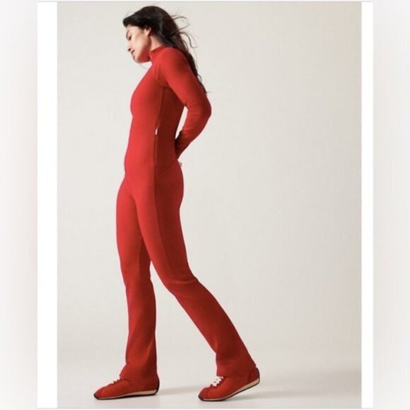 Athleta X Alicia Keyes Goddess Full Length Red Ribbed Zip Jumpsuit - Picture 3 of 16